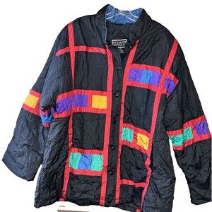 Vintage Spencer Douglas Jacket Mens 3XL Black Red Colorblock 80s Quilted Coat